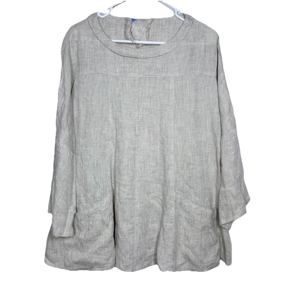 Yuvita 100% Linen Tunic Top‎ Womens XS Beige Lagenlook Boho Oversized Pockets